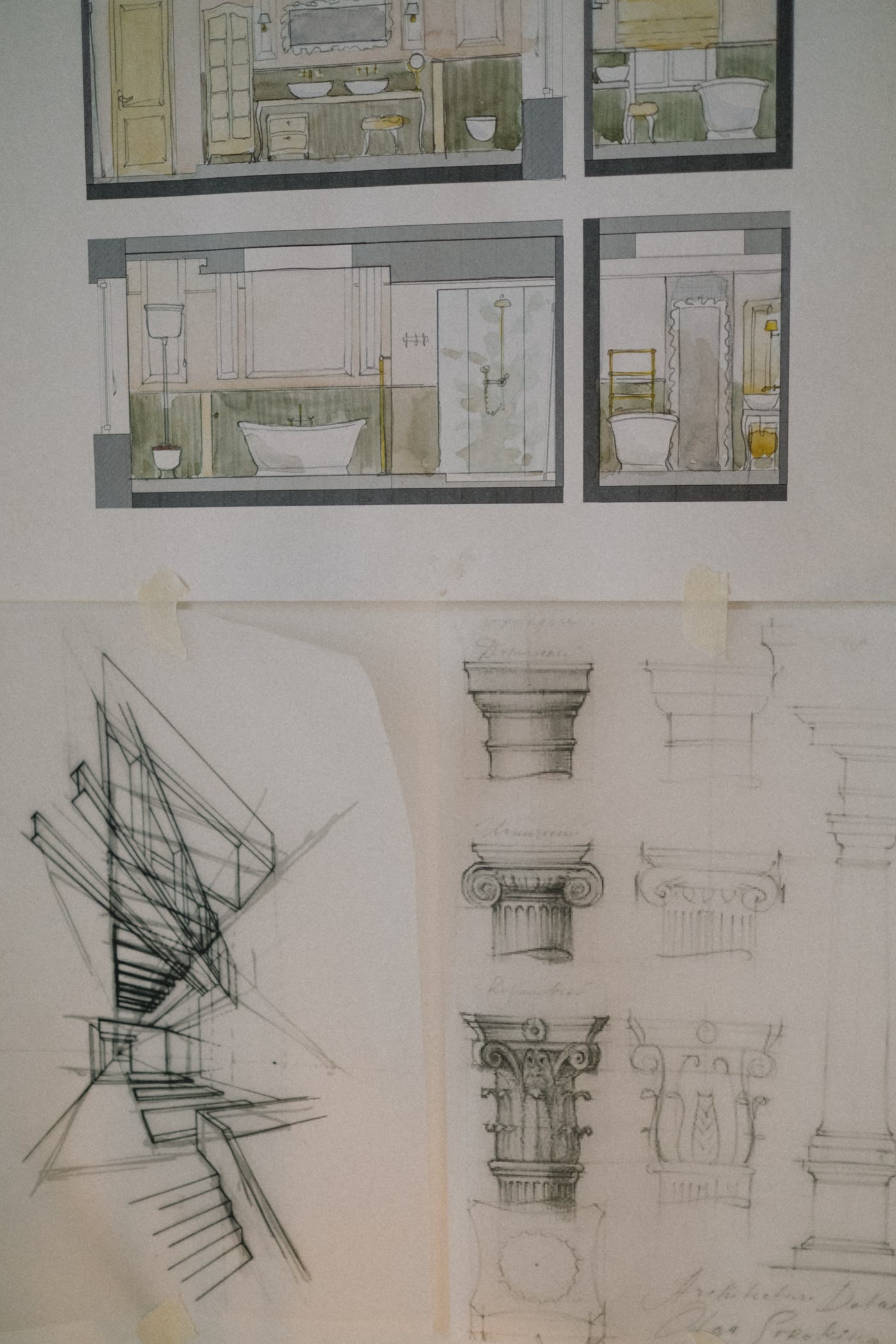Croquis d'architecture à l'aquarelle : élévations, ordres classiques et étude d'escalier